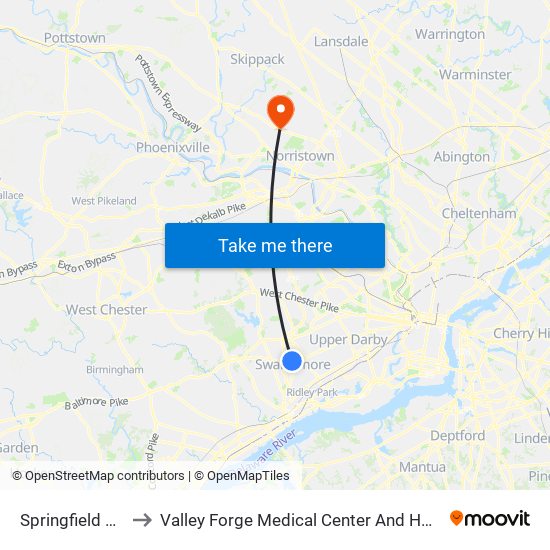 Springfield Mall to Valley Forge Medical Center And Hospital map