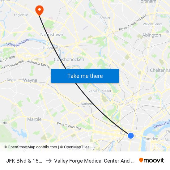 JFK Blvd & 15th St to Valley Forge Medical Center And Hospital map