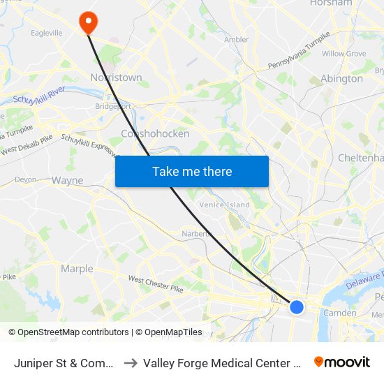 Juniper St & Commerce St to Valley Forge Medical Center And Hospital map