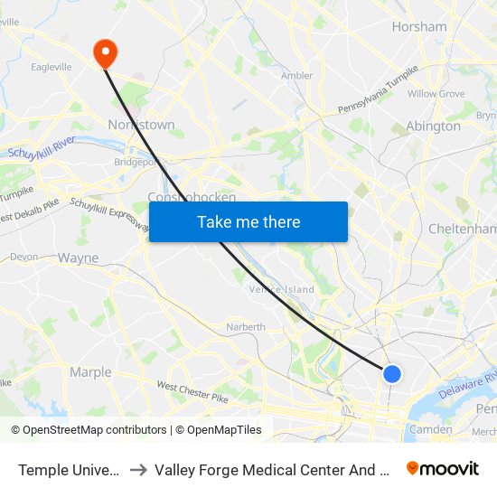 Temple University to Valley Forge Medical Center And Hospital map