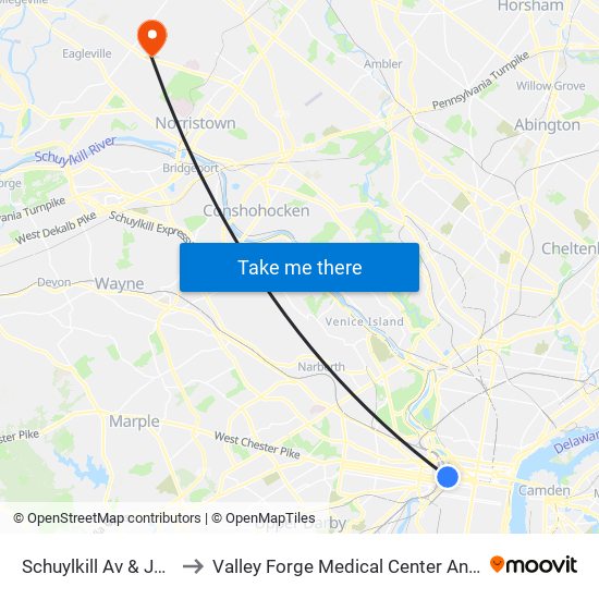 Schuylkill Av & JFK Blvd to Valley Forge Medical Center And Hospital map