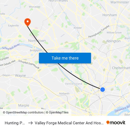 Hunting Park to Valley Forge Medical Center And Hospital map