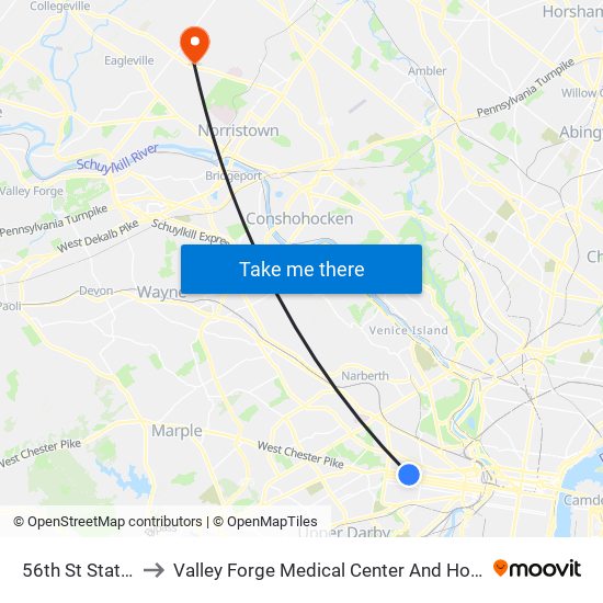 56th St Station to Valley Forge Medical Center And Hospital map