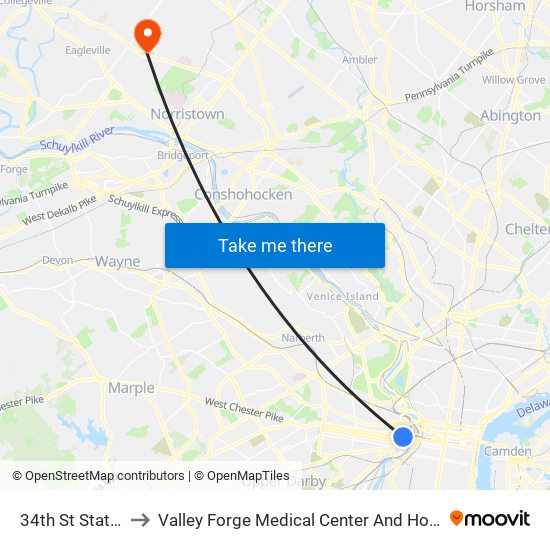 34th St Station to Valley Forge Medical Center And Hospital map