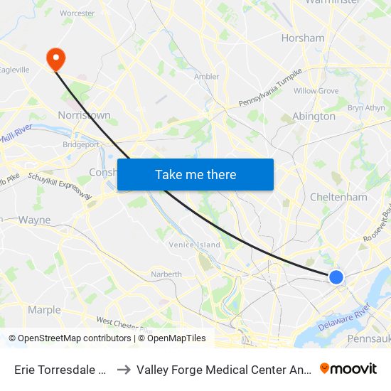 Erie Torresdale Station to Valley Forge Medical Center And Hospital map