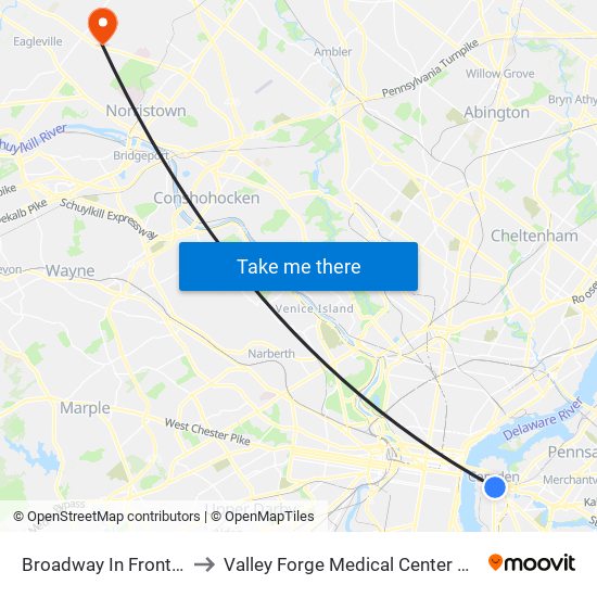 Broadway In Front Of Wrtc to Valley Forge Medical Center And Hospital map