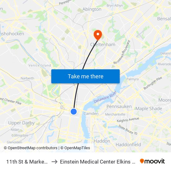 11th St & Market St to Einstein Medical Center Elkins Park map