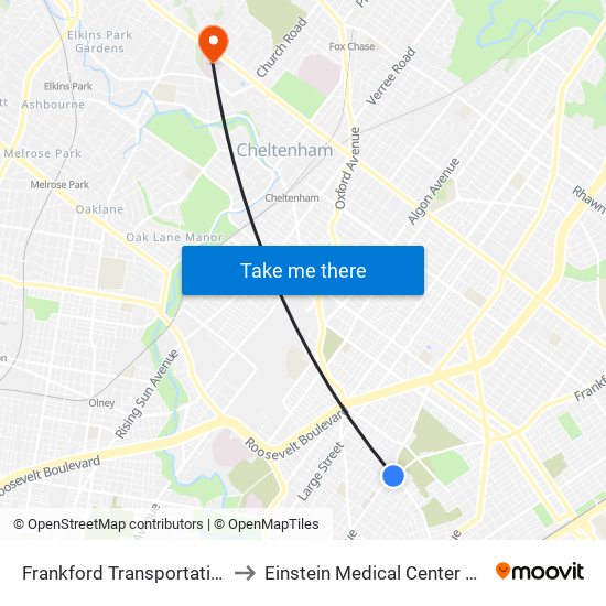 Frankford Transportation Center to Einstein Medical Center Elkins Park map