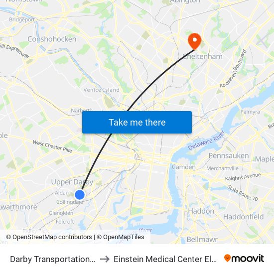 Darby Transportation Center to Einstein Medical Center Elkins Park map