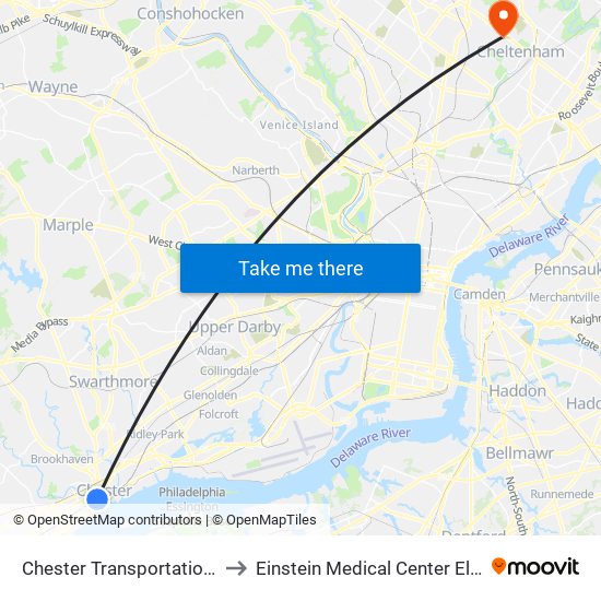 Chester Transportation Center to Einstein Medical Center Elkins Park map