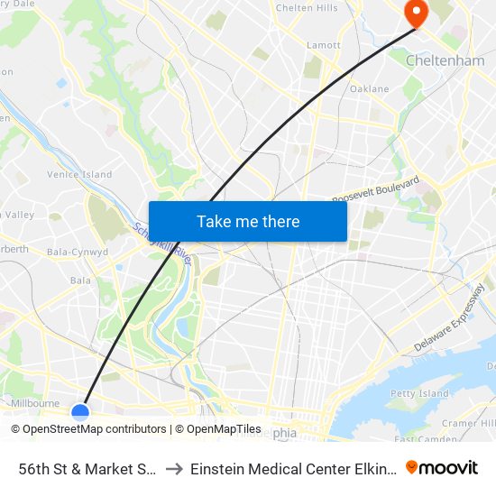 56th St & Market St - Fs to Einstein Medical Center Elkins Park map