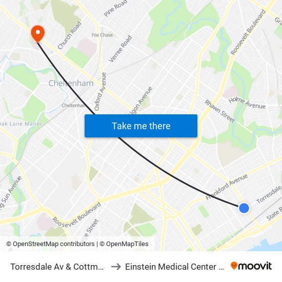 Torresdale Av & Cottman Av Loop to Einstein Medical Center Elkins Park map