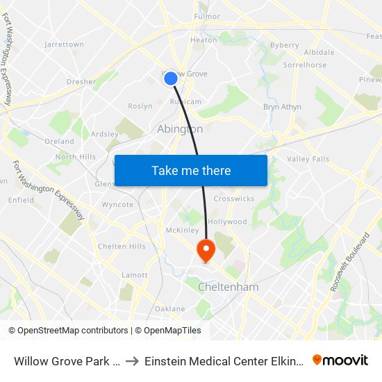 Willow Grove Park Mall to Einstein Medical Center Elkins Park map