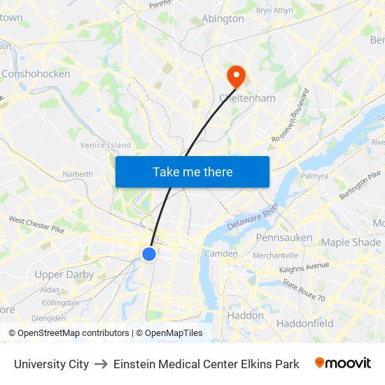 University City to Einstein Medical Center Elkins Park map