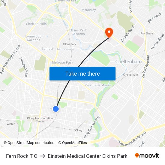 Fern Rock T C to Einstein Medical Center Elkins Park map