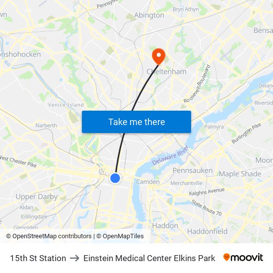 15th St Station to Einstein Medical Center Elkins Park map