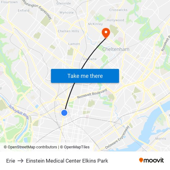 Erie to Einstein Medical Center Elkins Park map