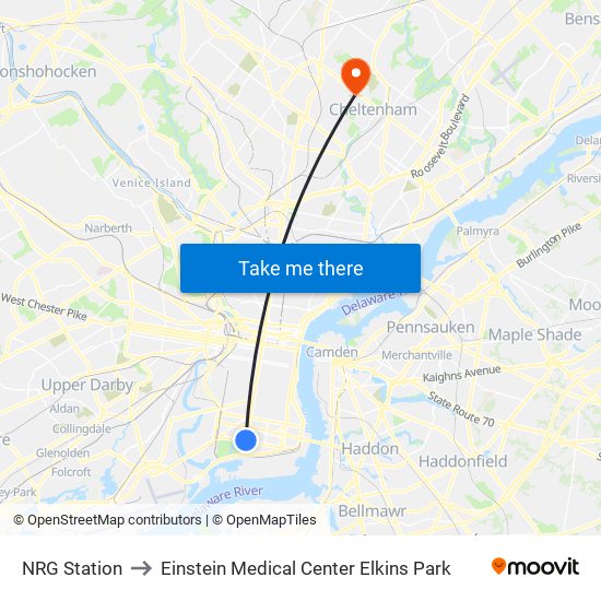 NRG Station to Einstein Medical Center Elkins Park map