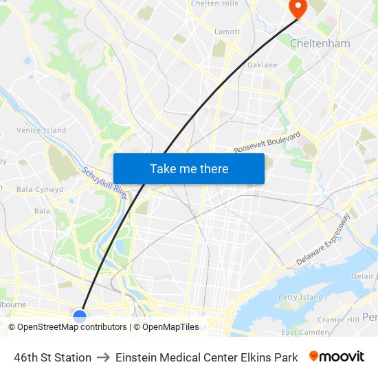46th St Station to Einstein Medical Center Elkins Park map