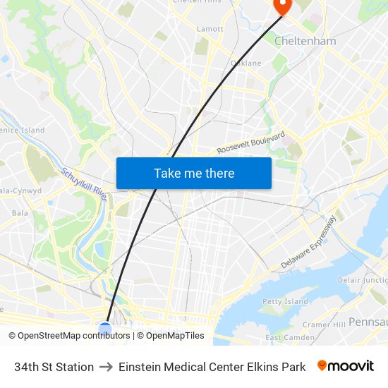 34th St Station to Einstein Medical Center Elkins Park map