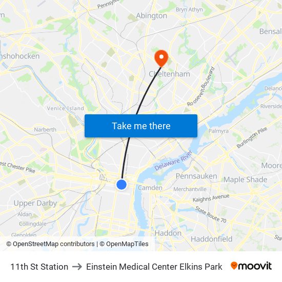 11th St Station to Einstein Medical Center Elkins Park map