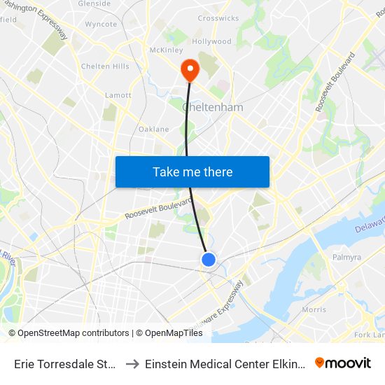 Erie Torresdale Station to Einstein Medical Center Elkins Park map