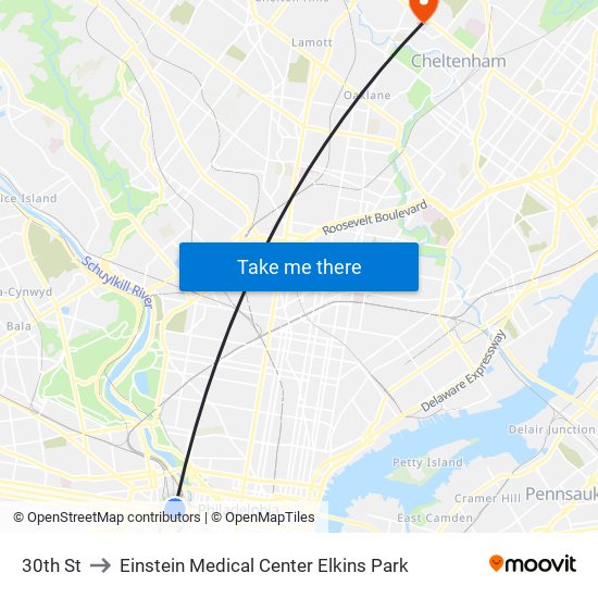 30th St to Einstein Medical Center Elkins Park map