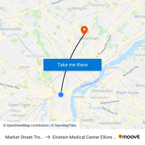 Market Street Trolley to Einstein Medical Center Elkins Park map