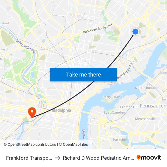 Frankford Transportation Center to Richard D Wood Pediatric Ambulatory Care Center map