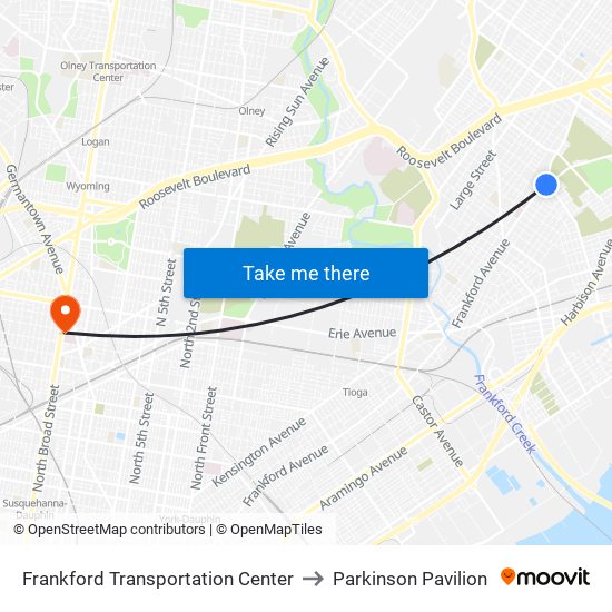 Frankford Transportation Center to Parkinson Pavilion map