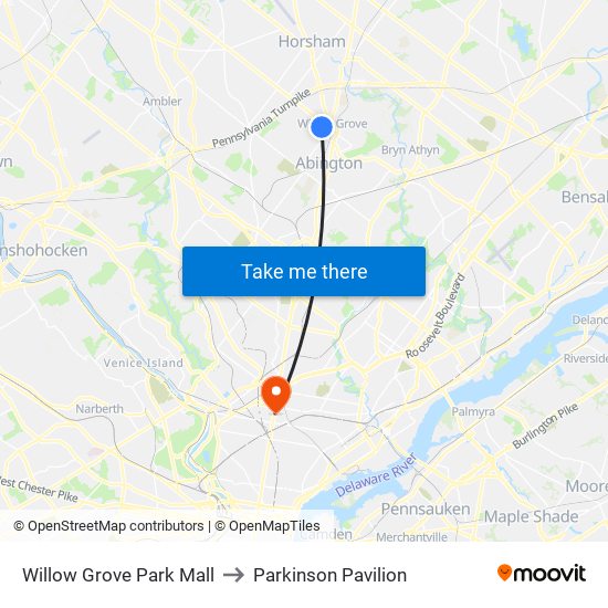 Willow Grove Park Mall to Parkinson Pavilion map