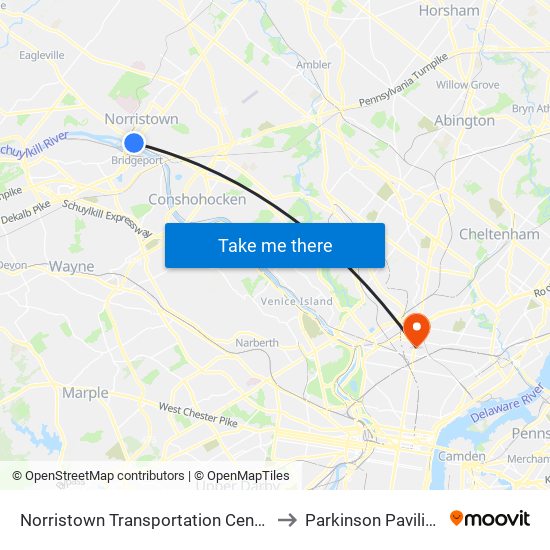 Norristown Transportation Center to Parkinson Pavilion map