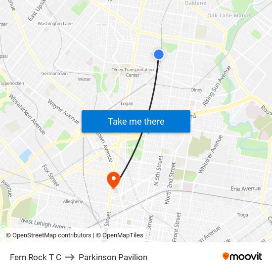 Fern Rock T C to Parkinson Pavilion map