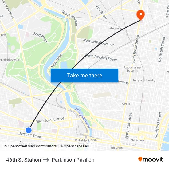 46th St Station to Parkinson Pavilion map