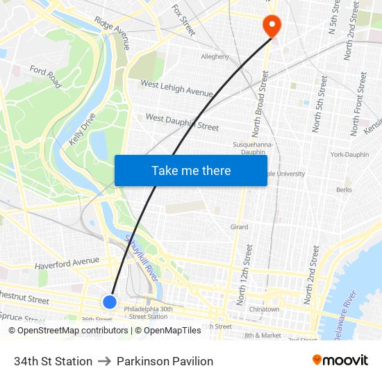34th St Station to Parkinson Pavilion map