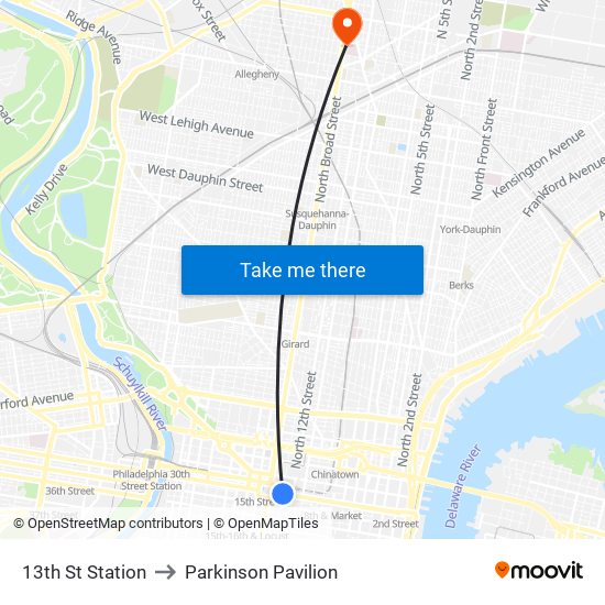 13th St Station to Parkinson Pavilion map