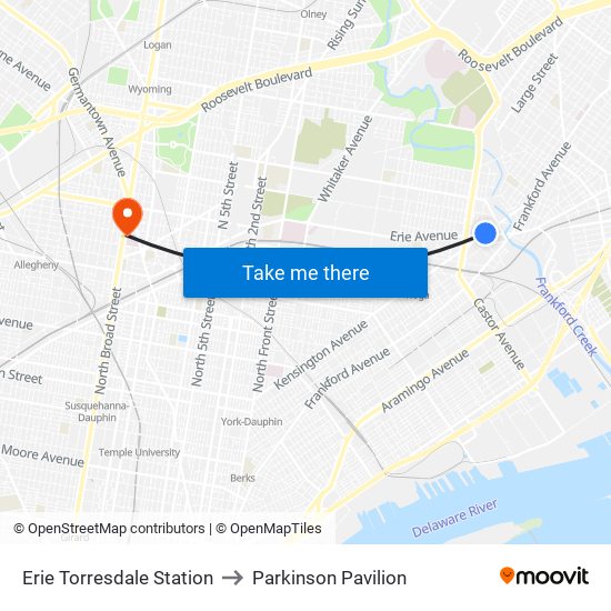 Erie Torresdale Station to Parkinson Pavilion map