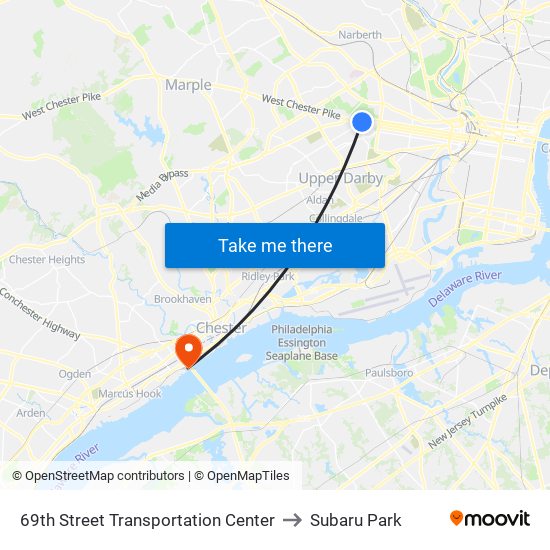 69th Street Transportation Center to Subaru Park map