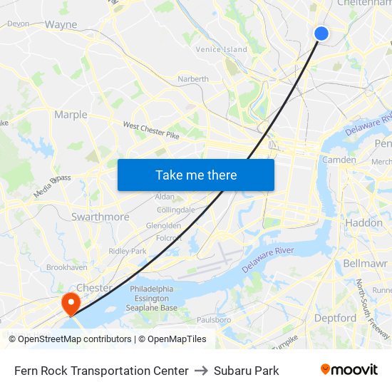 Fern Rock Transportation Center to Subaru Park map