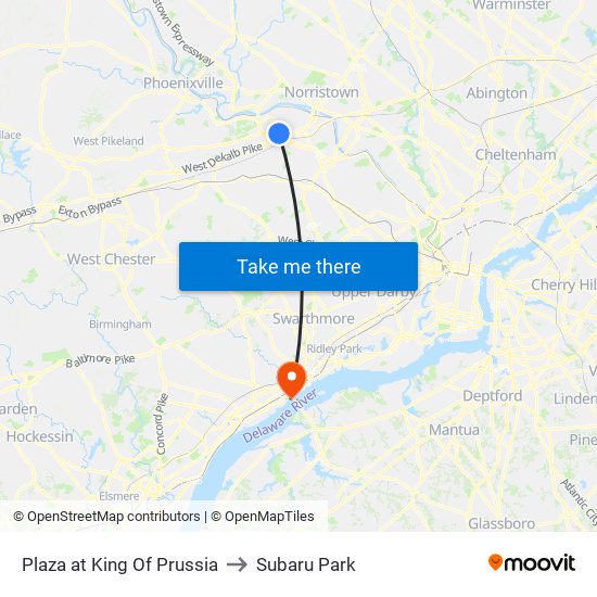 Plaza at King Of Prussia to Subaru Park map