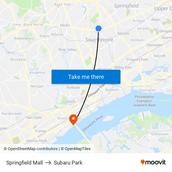 Springfield Mall to Subaru Park map