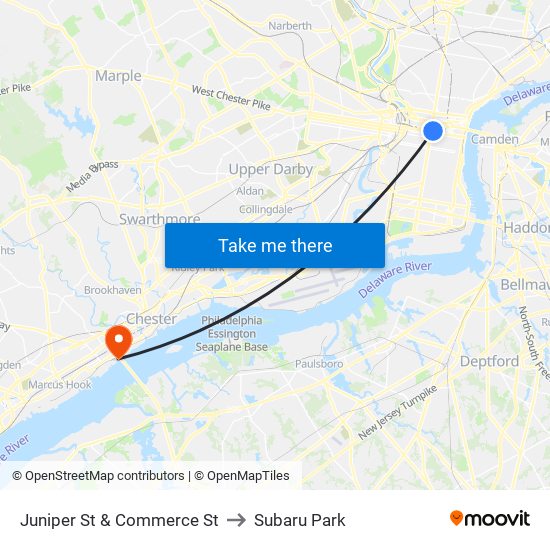 Juniper St & Commerce St to Subaru Park map