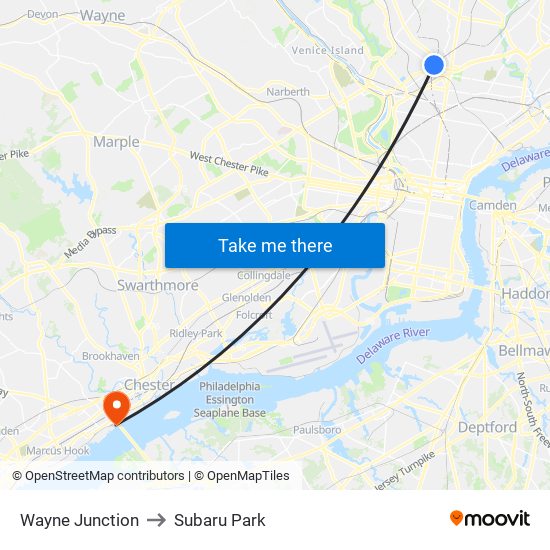 Wayne Junction to Subaru Park map