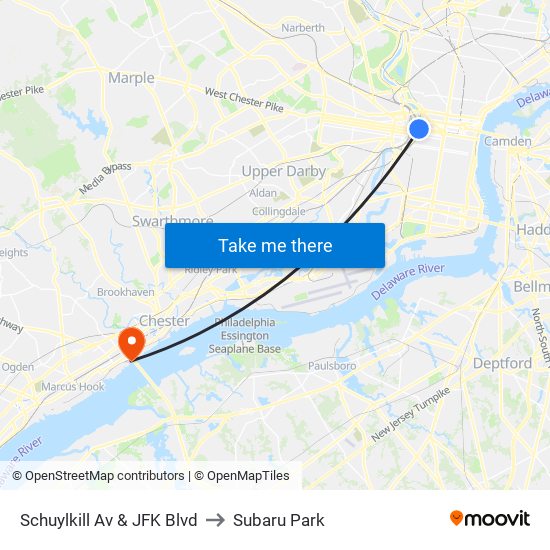Schuylkill Av & JFK Blvd to Subaru Park map