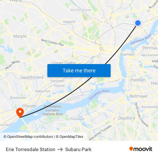 Erie Torresdale Station to Subaru Park map