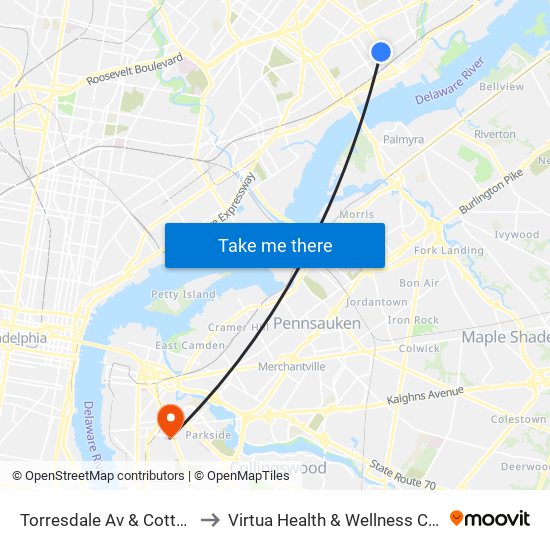 Torresdale Av & Cottman Av Loop to Virtua Health & Wellness Center - Camden map