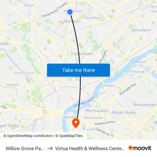 Willow Grove Park Mall to Virtua Health & Wellness Center - Camden map