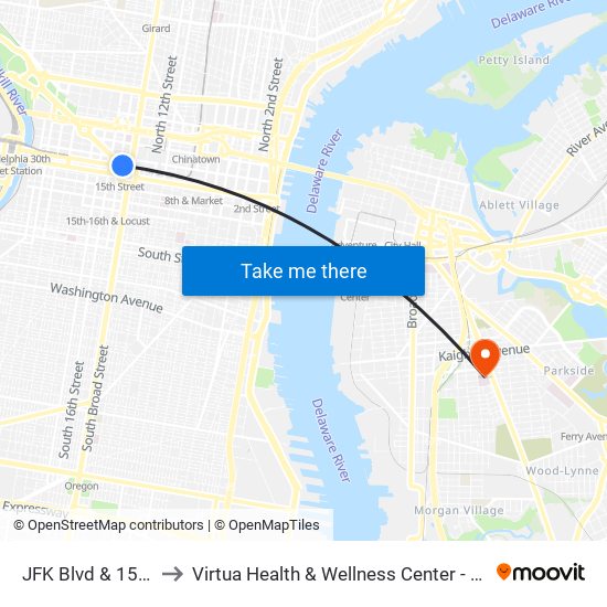 JFK Blvd & 15th St to Virtua Health & Wellness Center - Camden map