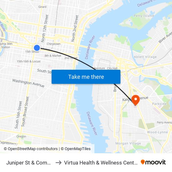 Juniper St & Commerce St to Virtua Health & Wellness Center - Camden map