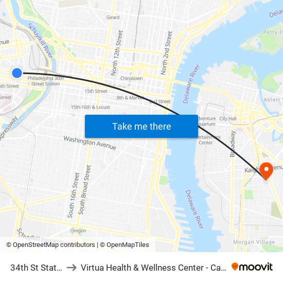 34th St Station to Virtua Health & Wellness Center - Camden map